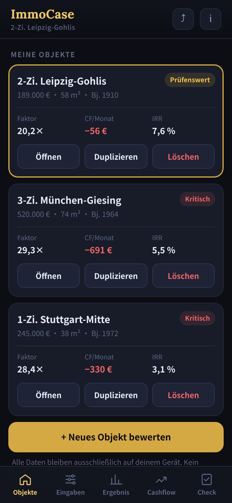 Liste mehrerer gespeicherter Objekte im Vergleich
